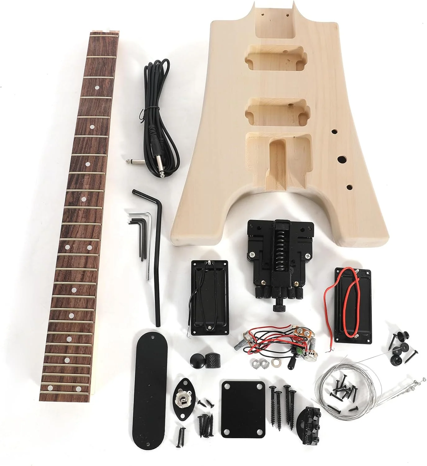کیت گیتار الکتریکی ناتمام DIY Irovami، بدنه گیتار چوبی خام، قطعات جایگزین بدنه گیتار، بدنه چوب باس، دسته افرا، 2 دایره خطی دوتایی