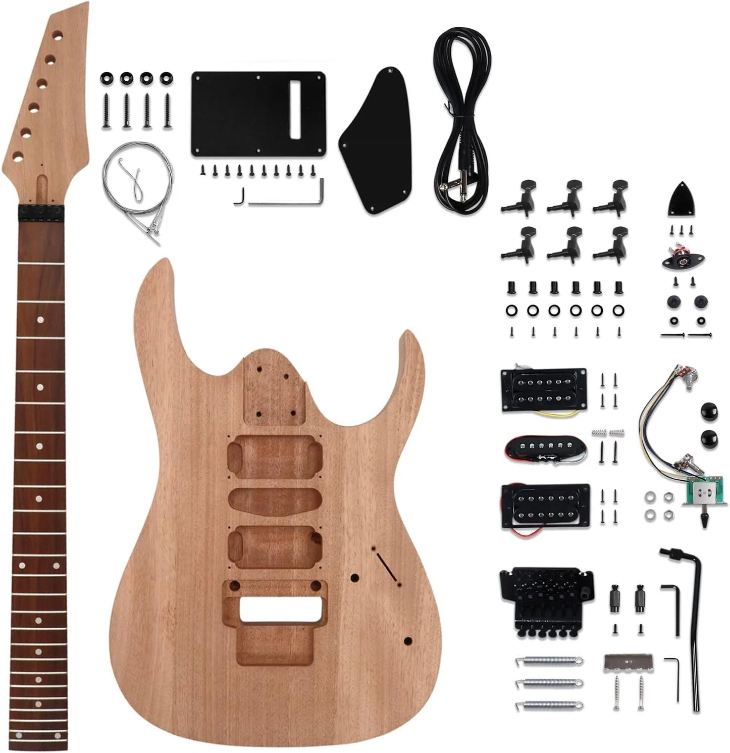 کیت گیتار الکتریک خودساز، کیت مبتدی 6 سیم دست راست با بدنه ماهون، دسته ماهون، صفحه انگشتی رزوود و سخت افزار مشکی، گیتار خودت را بساز سری JS.