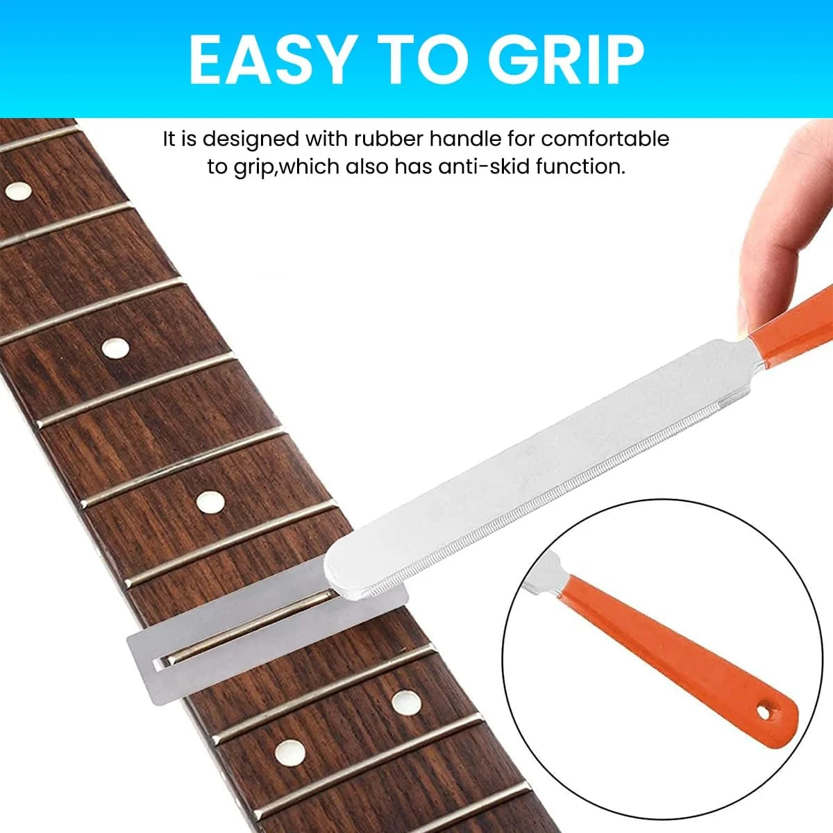سوهان پرداخت لبه فرت گیتار HASTHIP® با طول 7.2 اینچ، جنس استیل ضد زنگ، ابزار تعمیر گیتار به همراه 2 محافظ دسته فرت، دسته ضد لغزش، صاف کننده لبه های تیز فرت، مناسب برای نگهداری گیتار آکوستیک و الکتریک