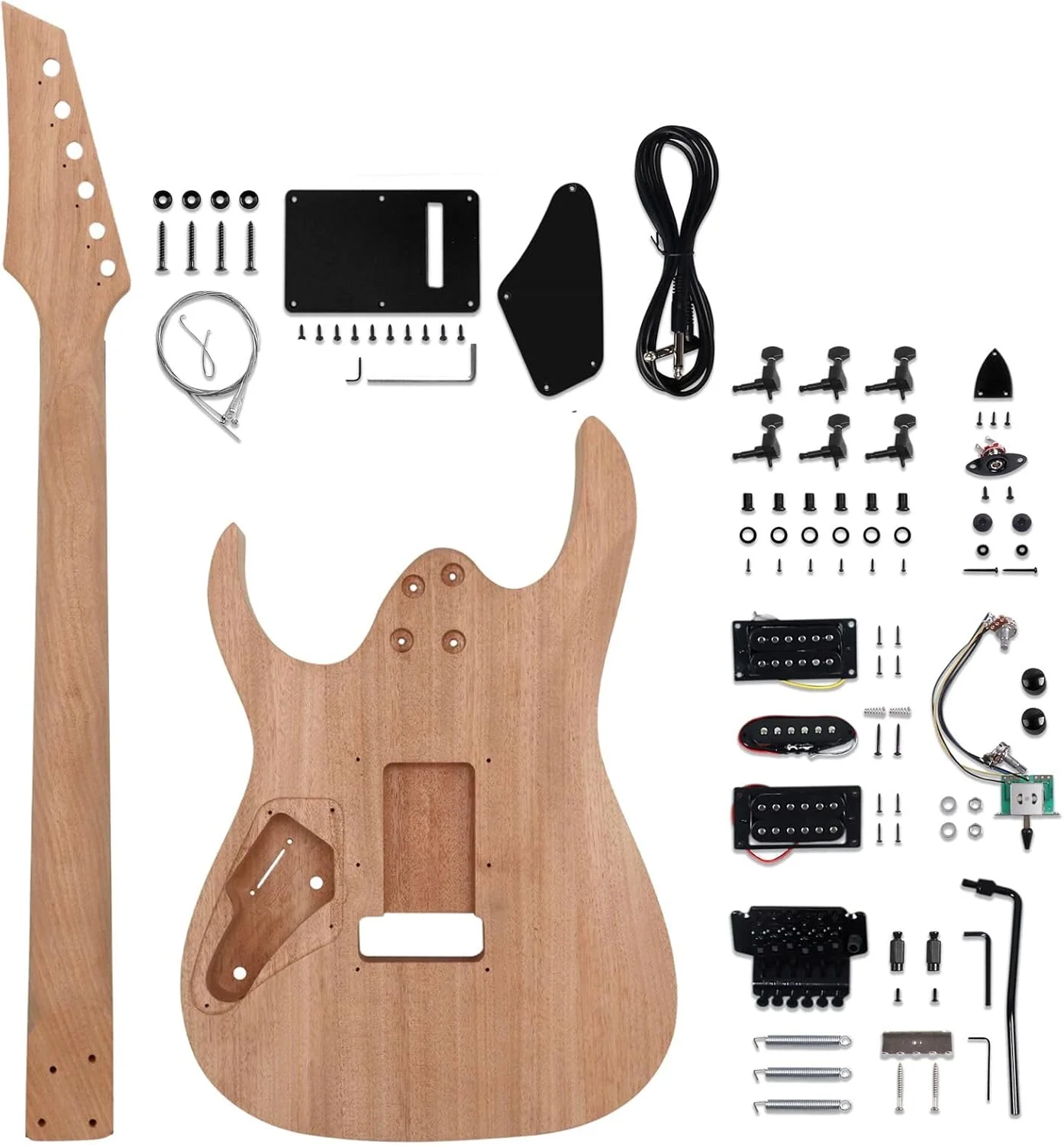 کیت گیتار الکتریک خودساز، کیت مبتدی 6 سیم دست راست با بدنه ماهون، دسته ماهون، صفحه انگشتی رزوود و سخت افزار مشکی، گیتار خودت را بساز سری JS.