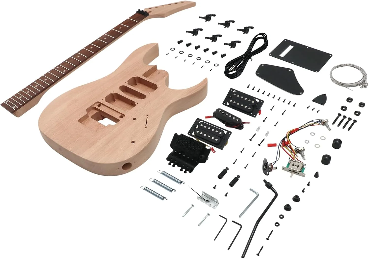 کیت گیتار الکتریک خودساز، کیت مبتدی 6 سیم دست راست با بدنه ماهون، دسته ماهون، صفحه انگشتی رزوود و سخت افزار مشکی، گیتار خودت را بساز سری JS.
