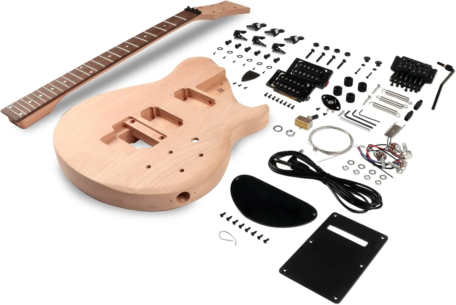 کیت گیتار الکتریک DIY، کیت مبتدی 6 سیم راست دست با بدنه ماهون، دسته افرا سخت، صفحه انگشت رزوود و سخت افزار مشکی - گیتار خودت را بساز. کیت گیتار الکتریک DIY، کیت مبتدی 6 سیم راست دست با بدنه ماهون، دسته افرا سخت، صفحه انگشت رزوود و سخت افزار مشکی - گیتار خودت را بساز.