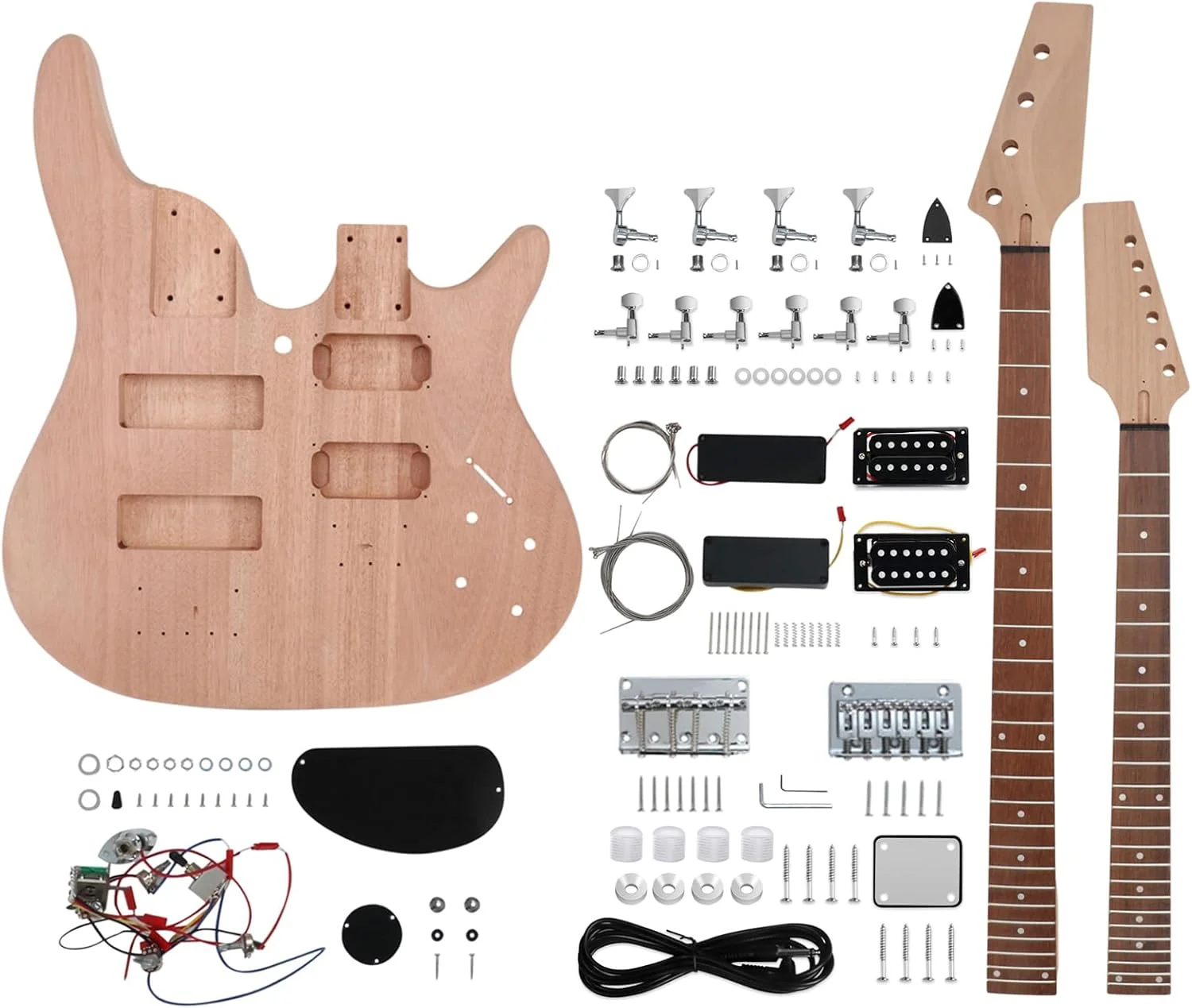 کیت گیتار الکتریک و بیس دو گردنه DIY، کیت گیتار 6 سیم و 4 سیم، مناسب راست دست ها، بدنه ماهون، دسته ماهون، صفحه انگشت گذاری رزوود. گیتار و بیس خودتان را بسازید.