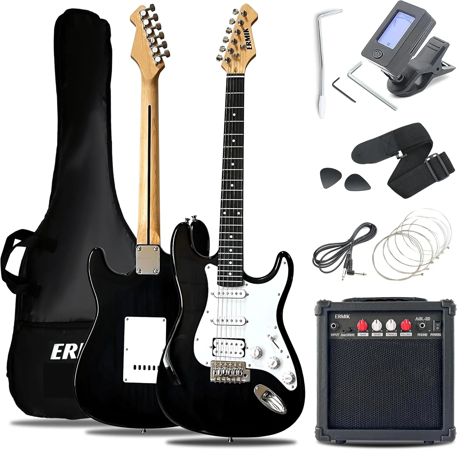 ست گیتار الکتریک بدنه یکپارچه ارمیک با آمپلی فایر 20 وات، سیم، بند، تیونر دیجیتال، پیک، کیف، کابل، میله ترمولو، گیتار سایز کامل 39 اینچی با پیکاپ های HSS گیتار الکتریکا، هدیه مناسب برای مبتدیان - مشکی