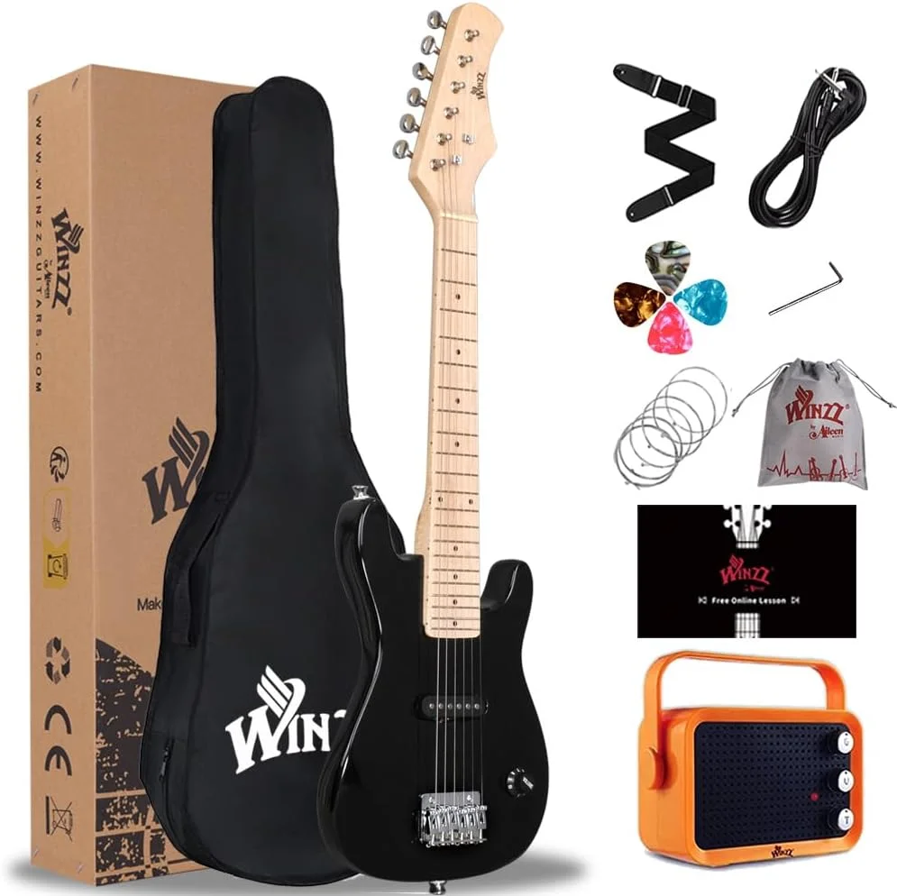 گیتار الکتریکی مینی 30 اینچی Winzz، گیتار الکتریکی مبتدی با صفحه انگشت‌گذاری افرا مناسب کودکان به همراه آمپلی‌فایر (مشکی)
