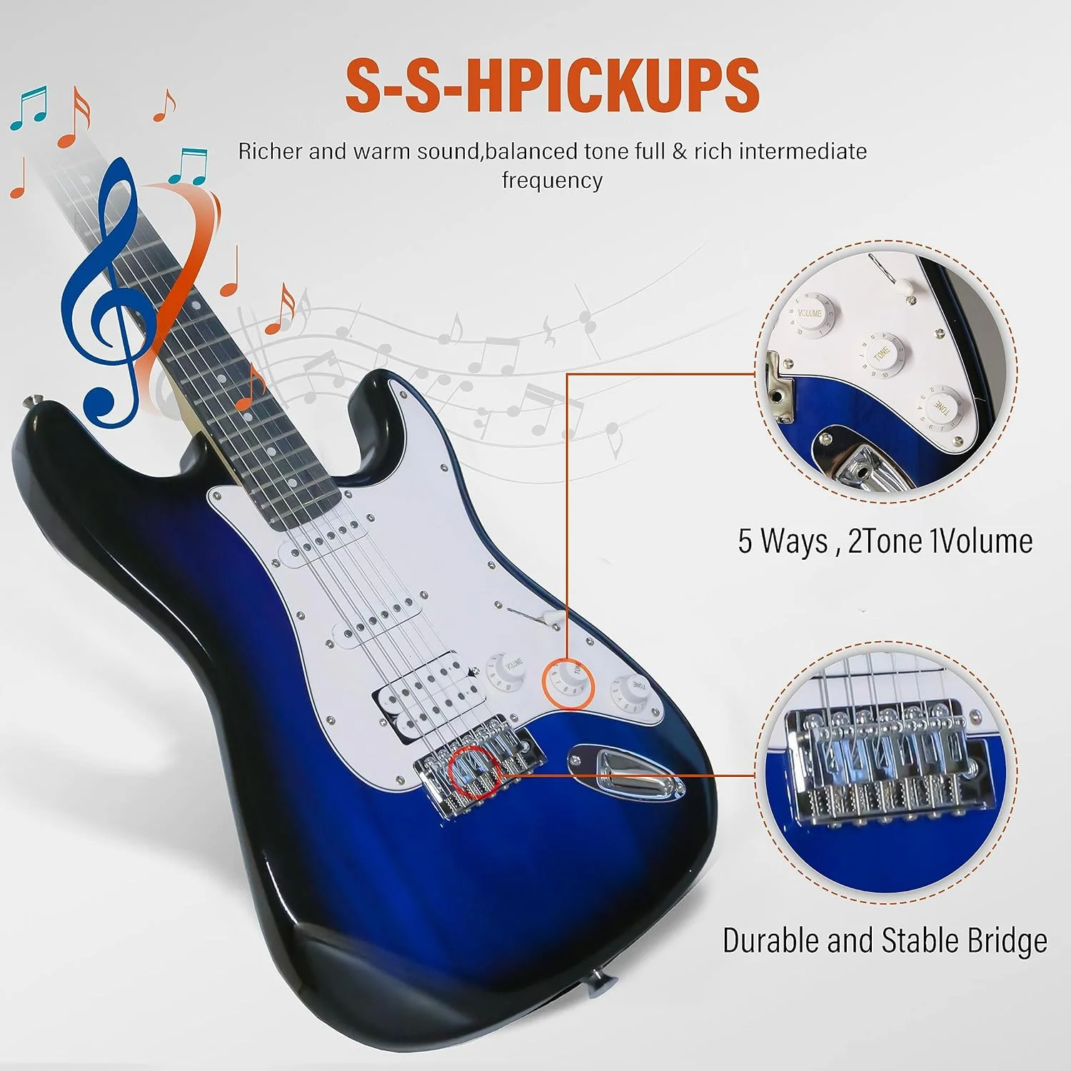 ست گیتار الکتریک بدنه ثابت ارمیک با آمپلی فایر 20 وات، سیم، بند، تیونر دیجیتال، پیک، کیف، کابل، اهرم ویبراتو، گیتار سایز کامل 39 اینچ با پیکاپ های HSS - آبی