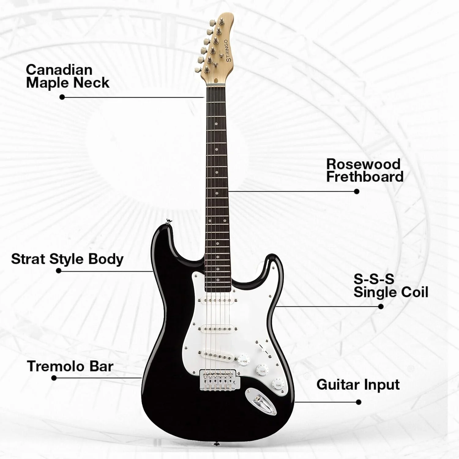 کیت کامل گیتار الکتریک مشکی سایز کامل 39 اینچ شامل گیتار ترمولو، آمپلی فایر 20 وات، 3 پیک، بند شانه، تیونر و کیف
