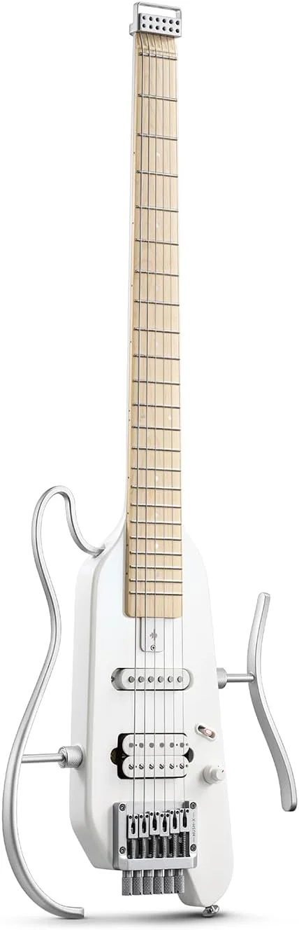 کیت گیتار الکتریک Donner HUSH-X - گیتار مسافرتی فوق العاده سبک با پایه های مونتاژ آسان، ایده آل برای سفر و تمرین، بدنه جامد ماهون، کیف، تمام لوازم جانبی، سفید متالیک