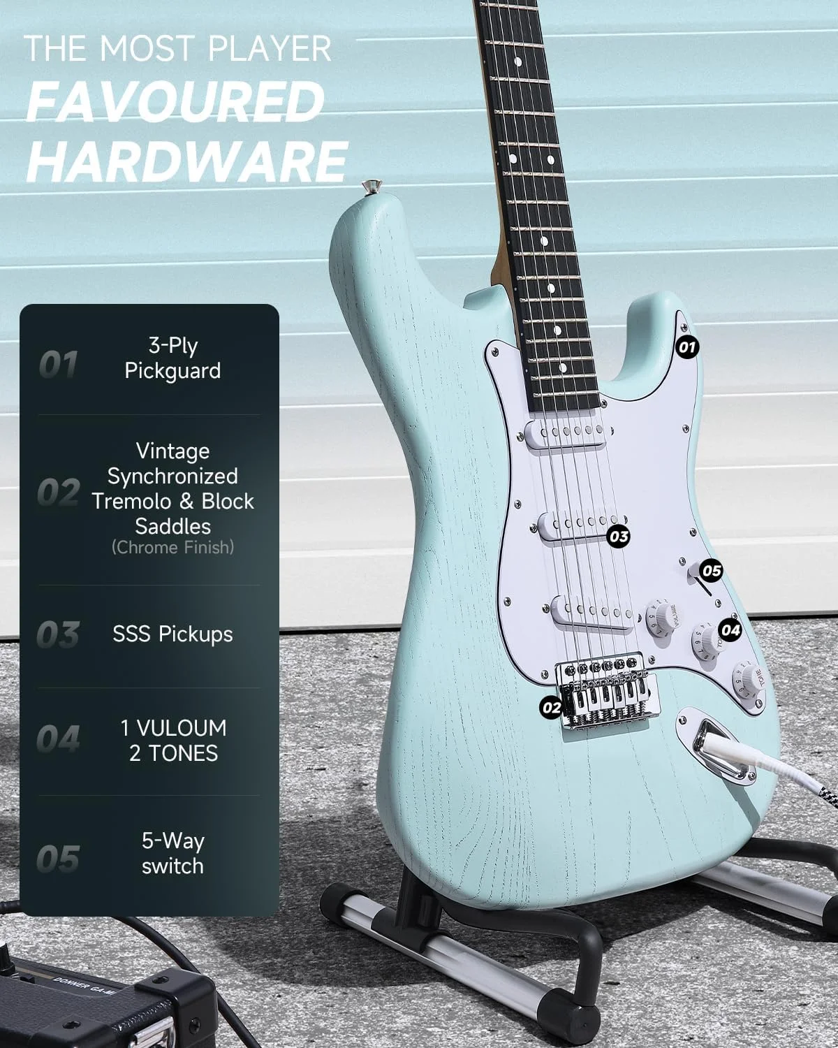 گیتار الکتریک DONNER DST-80، سایز 39 اینچ، کیت کامل گیتار الکتریک برای مبتدیان به همراه آمپلی فایر، پیکاپ SSS کلاسیک، کیف، تیونر، کاپو، بند، پیک و آموزش آنلاین رایگان