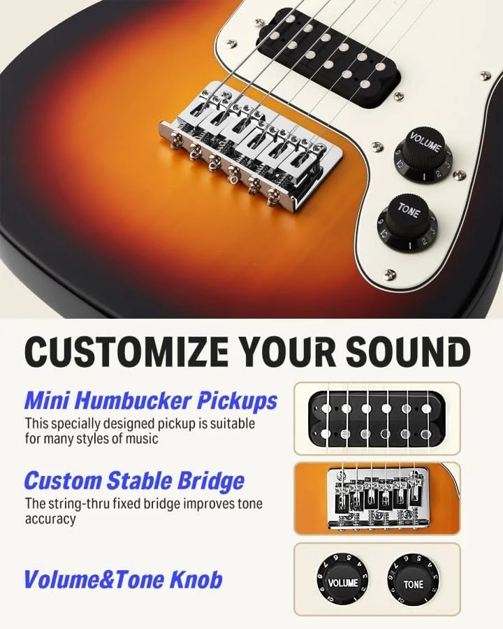 کیت گیتار الکتریک مبتدی دانر سایز 30 اینچ مدل مینی مناسب کودکان به همراه آمپلی فایر، کیف 600D، تیونر، پیک، کابل، بند و سیم های اضافی، DTJ-100S، سانبرست