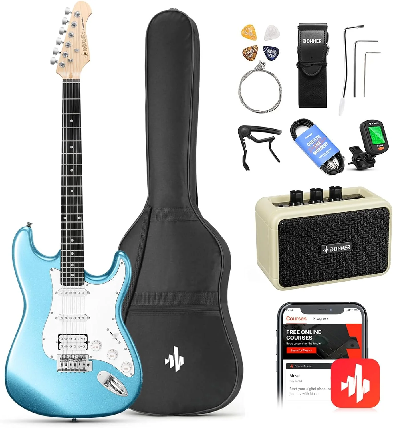 کیت گیتار الکتریک مبتدی Donner DST-100T، بدنه یکپارچه، سایز کامل، آبی Lake، پیکاپ HSS، به همراه آمپلی فایر، کیف، تیونر دیجیتال، کاپو، بند، سیم، کابل و پیک