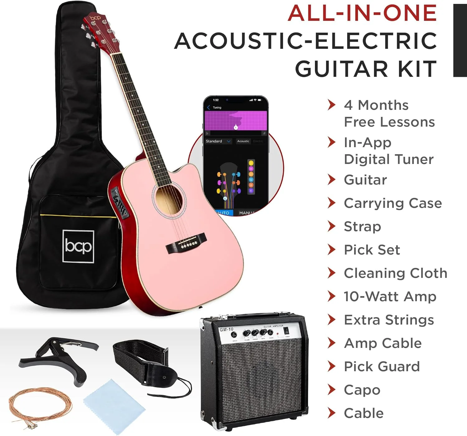 بهترین انتخاب محصولات، ست گیتار آکوستیک الکتریک مبتدی با طراحی کات اوی چوبی 41 اینچی، کیف، بند و پیک - صورتی