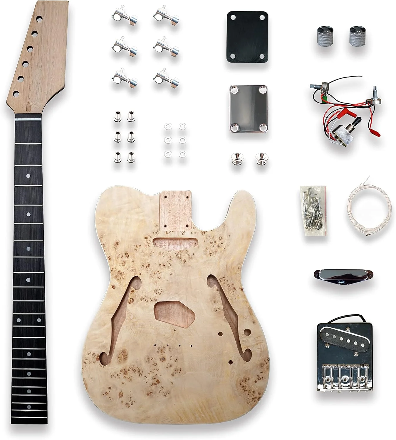 کیت گیتار الکتریک DIY BexGears، مناسب برای مبتدیان، روکش چوب افرا چشم پرنده، بدنه چوب ماهون، دسته ماهون، سخت افزار کروم، مناسب برای راست دست ها - گیتار خودت را بساز