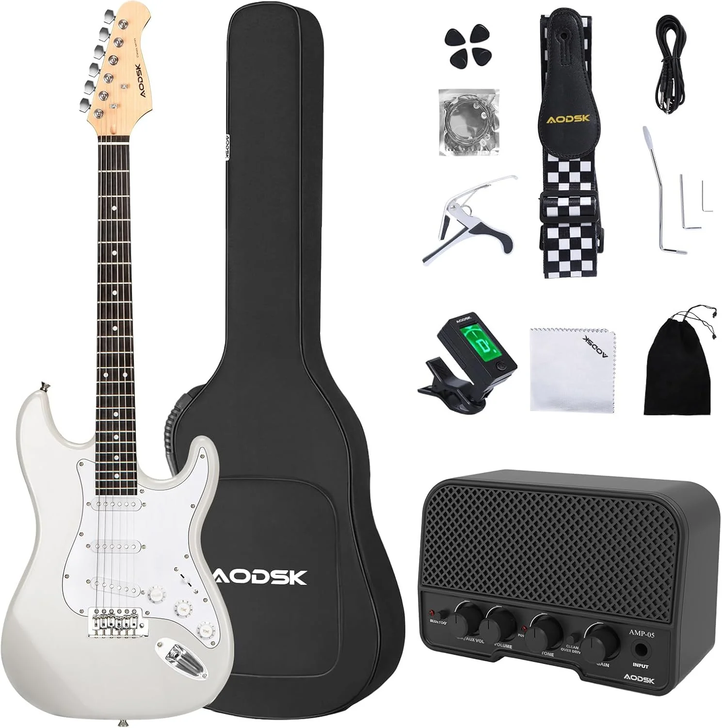 کیت گیتار الکتریک AODSK با آمپلی فایر، مناسب مبتدیان، بدنه یکپارچه 39 اینچی، پیکاپ SSS، به همراه لوازم جانبی کامل، تیونر دیجیتال، شش سیم، چهار پیک، میله ترمولو، بند، کیف، کیت استارتر - سفید