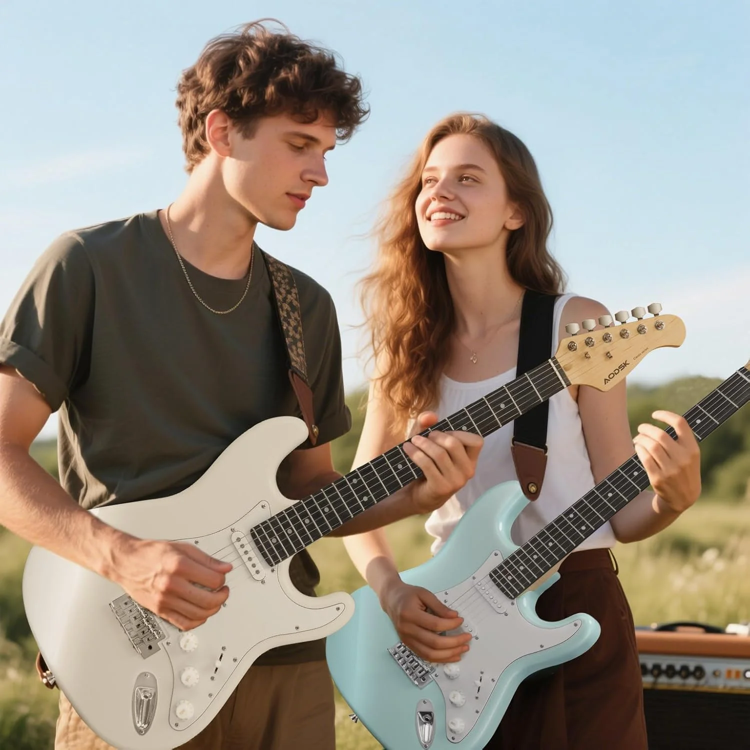 کیت گیتار الکتریک AODSK با آمپلی فایر، مناسب مبتدیان، بدنه یکپارچه 39 اینچی، پیکاپ SSS، به همراه لوازم جانبی کامل، تیونر دیجیتال، شش سیم، چهار پیک، میله ترمولو، بند، کیف، کیت استارتر - سفید