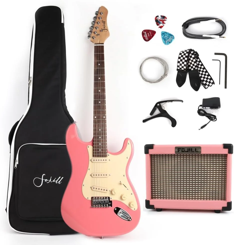 مجموعه کامل گیتار الکتریک سایز کامل Fojill برای مبتدیان به همراه آمپلی فایر، کیف 600D، پیک، کابل، بند و سیم های اضافی (پیکاپ SSS صورتی)