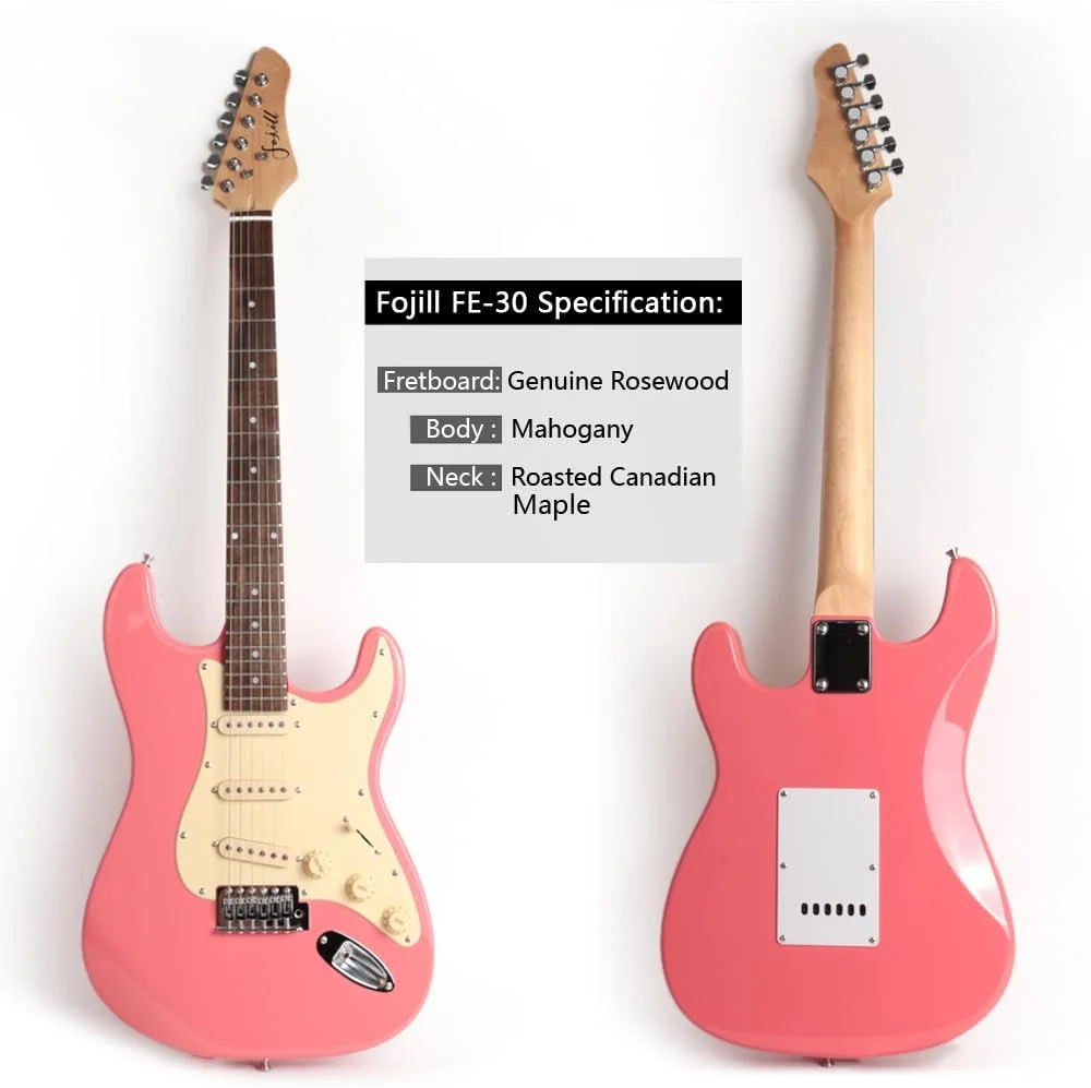 مجموعه کامل گیتار الکتریک سایز کامل Fojill برای مبتدیان به همراه آمپلی فایر، کیف 600D، پیک، کابل، بند و سیم های اضافی (پیکاپ SSS صورتی) مجموعه کامل گیتار الکتریک سایز کامل Fojill برای مبتدیان به همراه آمپلی فایر، کیف 600D، پیک، کابل، بند و سیم های اضافی (پیکاپ SSS صورتی)