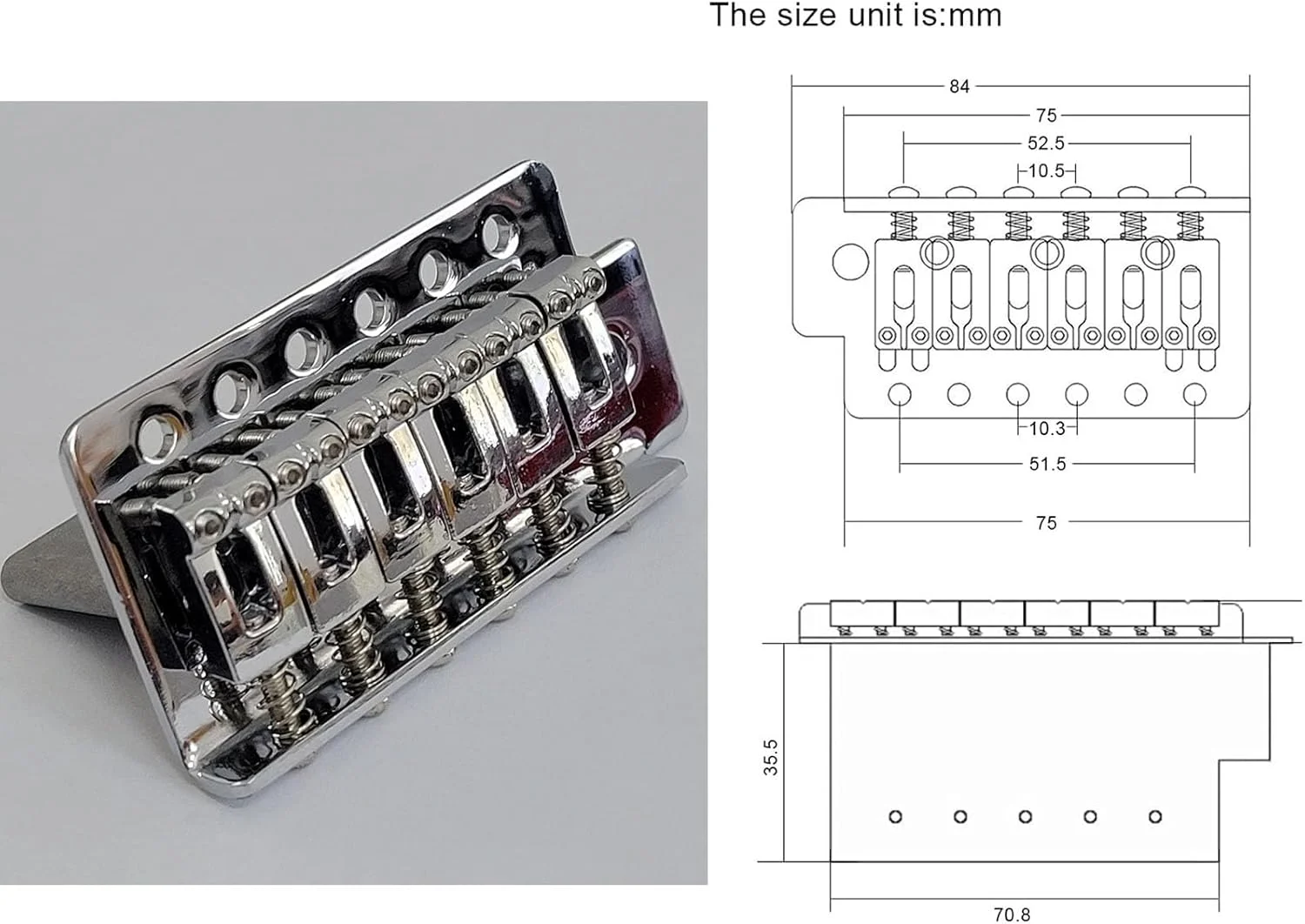 ست ابزار پل ترمولو گیتار استراتوکستر 52.5 میلی‌متری برای جایگزینی گیتار الکتریک فندر استرات اسکوایر (نقره‌ای)