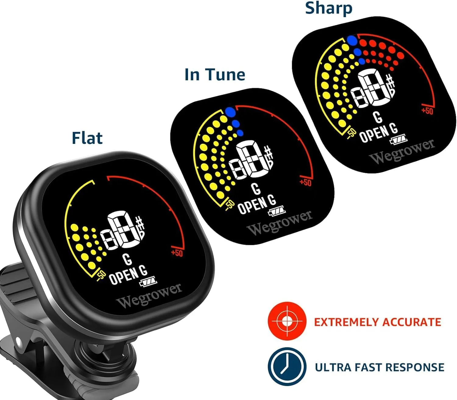 کوک کننده گیتار شارژی، کوک کننده گیره ای با صفحه نمایش رنگی LCD با حالت های کوک گیتار، یوکللی، ویولن و کروماتیک برای همه سازهای زهی