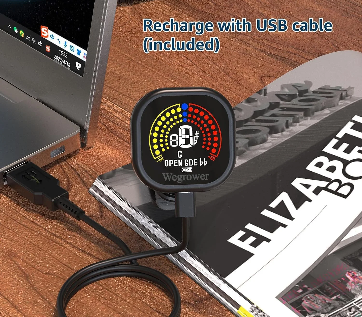 کوک کننده گیتار شارژی، کوک کننده گیره ای با صفحه نمایش رنگی LCD با حالت های کوک گیتار، یوکللی، ویولن و کروماتیک برای همه سازهای زهی