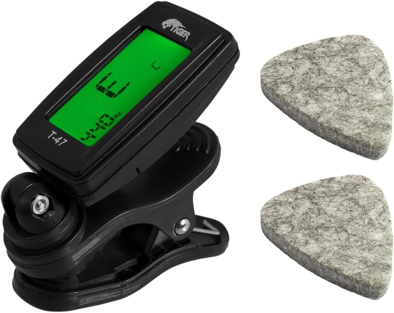 پک لوازم جانبی تیونر یوکللی و پیک‌های نمدی تایگر - تیونر کروماتیک T-47 و 2 پیک نمدی