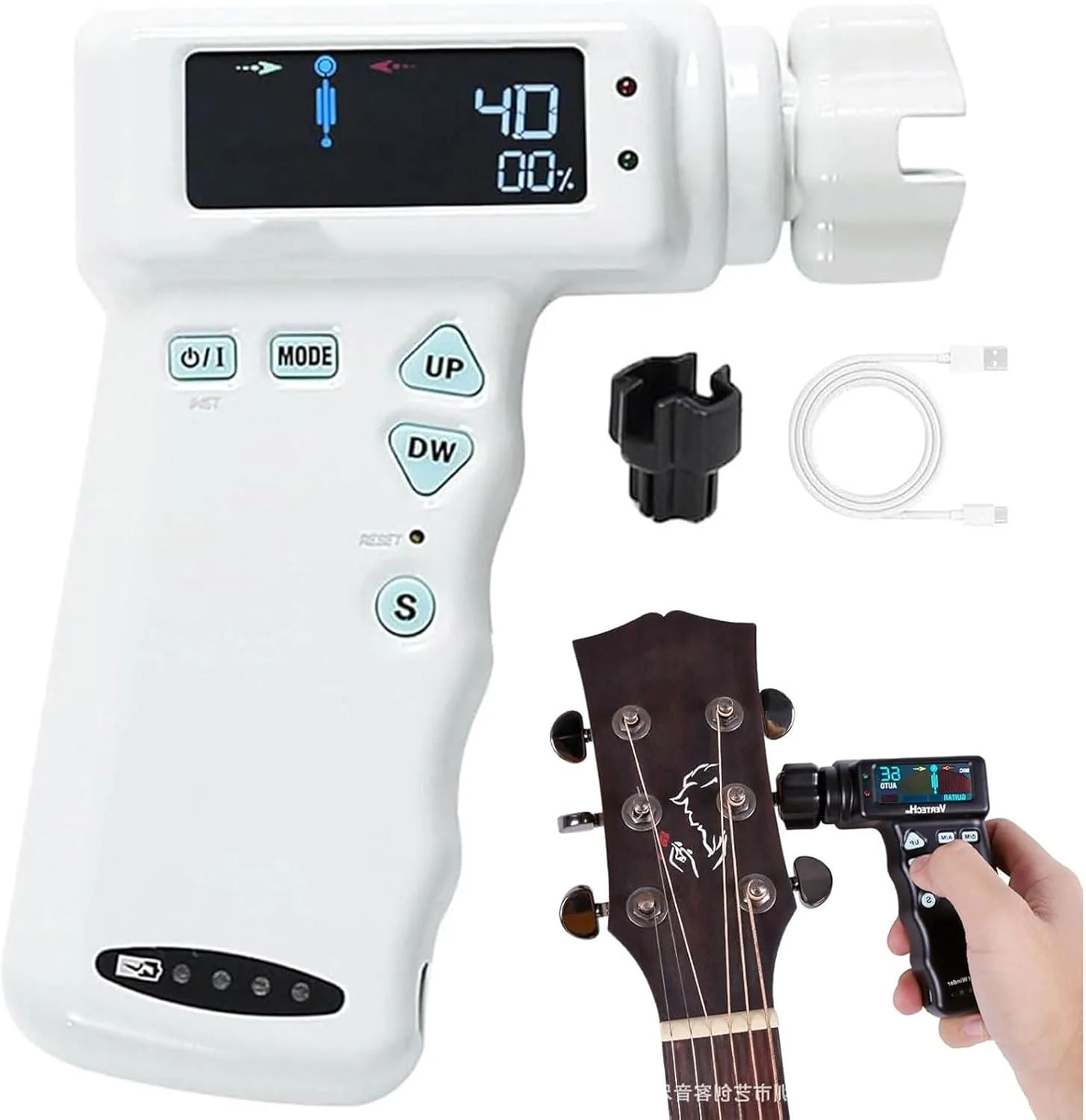 کوک کننده هوشمند گیتار، کوک کننده گیتار الکتریکی چند منظوره حرفه ای با صفحه نمایش LCD رنگی، حالت های کوک چندگانه، باتری لیتیومی 2600 میلی آمپر ساعتی داخلی، برای گیتار و یوکللی (سفید)