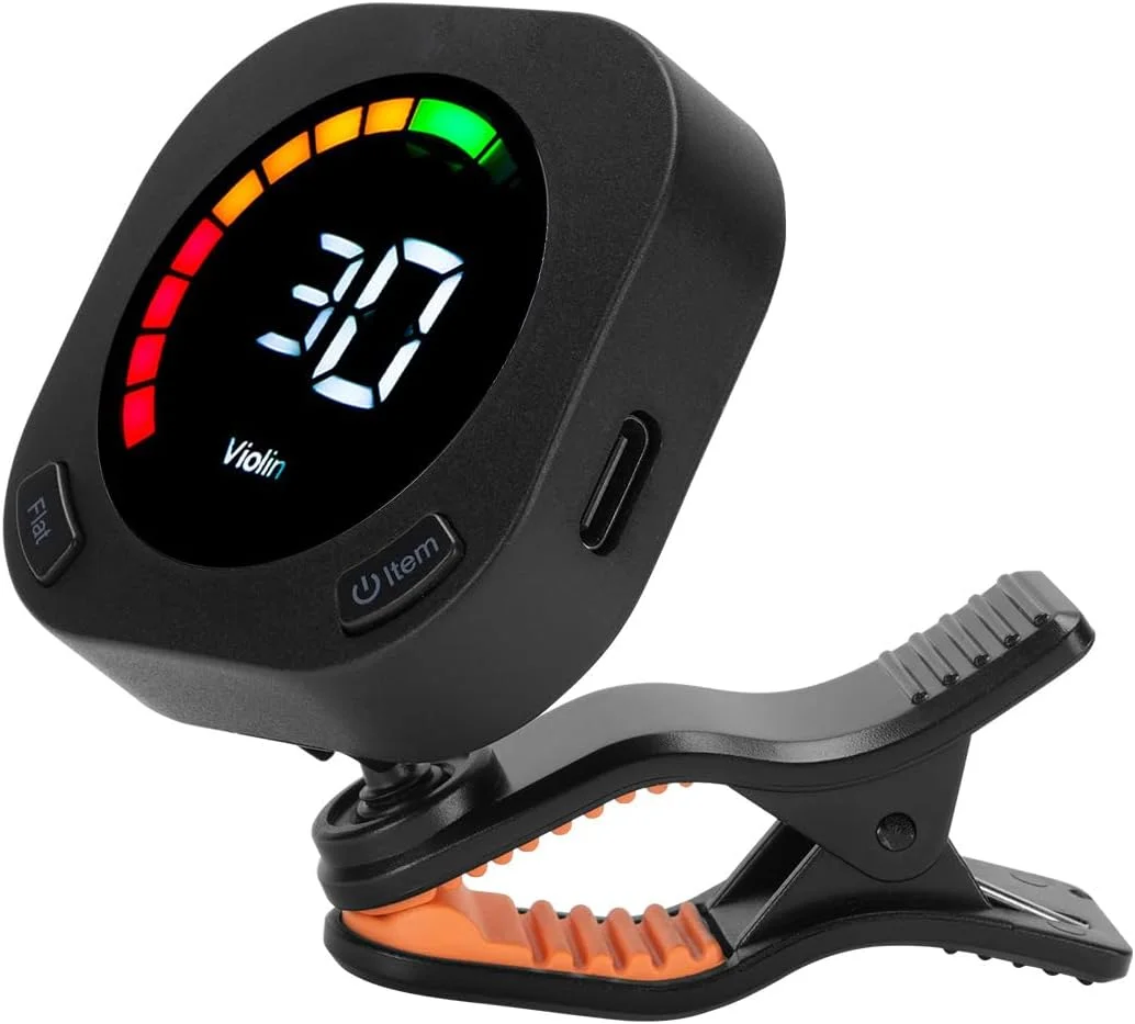 تیونر گیره ای کروماتیک با صفحه نمایش رنگی و چرخش 360 درجه، قابل شارژ برای گیتار باس، ویولن و یوکللی (مشکی)