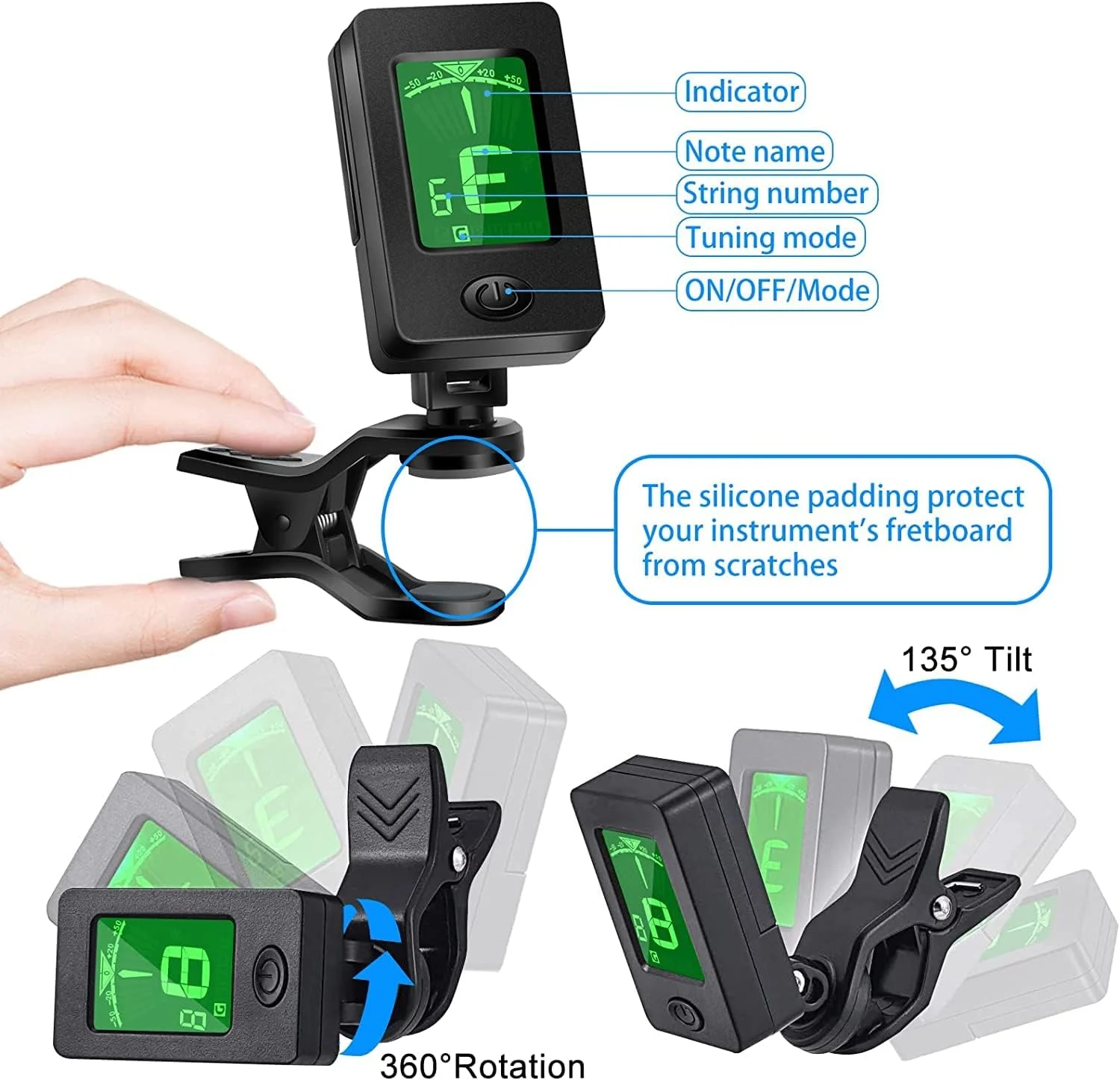 تیونر گیتار Megarya، لوازم جانبی گیتار به همراه پیک گیتار، کاپو گیتار، کاپو برای گیتار آکوستیک، گیتار باس، یوکللی، بدون وزوز، تیونر گیره ای گیتار برای گیتار، ویولن، گیتار باس، یوکللی