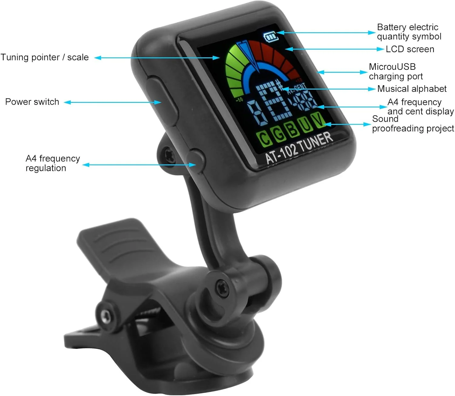 کوک گیتار، کوک ویولن Aroma گیره کوک گیتار USB قابل شارژ ویولن یوکللی AT-102 با صفحه نمایش رنگی (AT-102 مشکی)