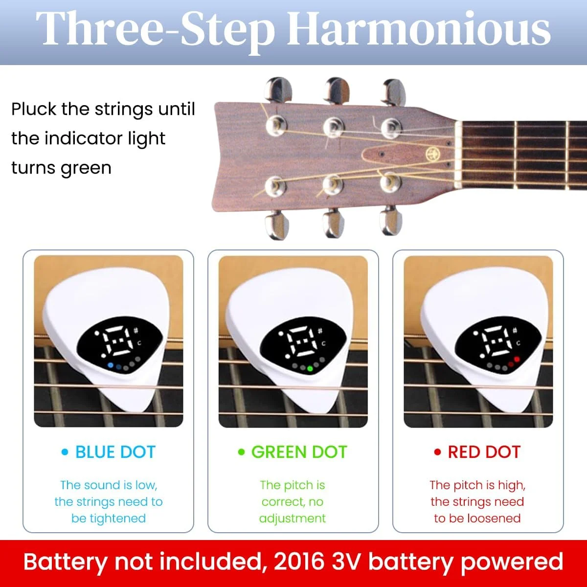 کوک دیجیتال کروماتیک 2 در 1 HASTHIP® و پیک گیتار با نشانگر نور، تشخیص دقیق زیر و بم، جهانی برای گیتار آکوستیک الکتریک، یوکللی، ویولن، جمع و جور بدون باتری