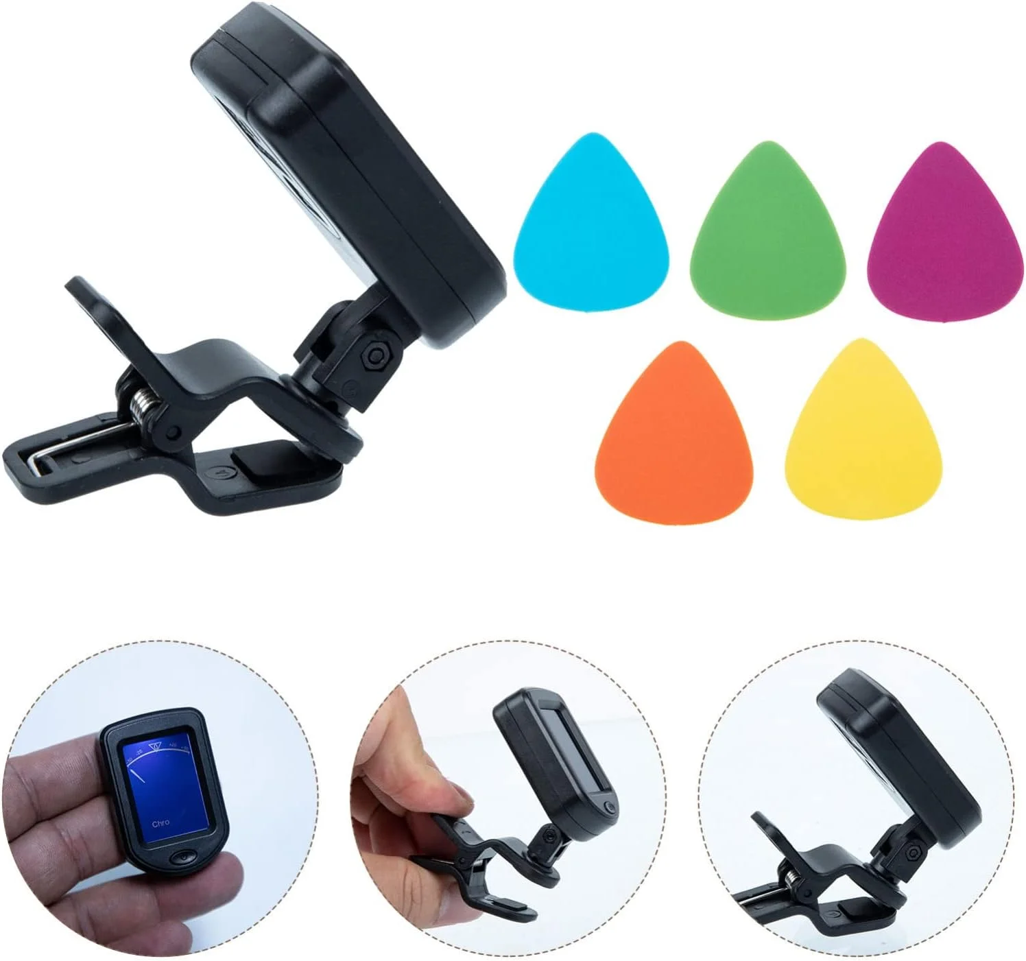 تیونر گیره ای به همراه پیک گیتار، نمایشگر LCD کارتونی مناسب گیتار، بیس و یوکللی آکوستیک