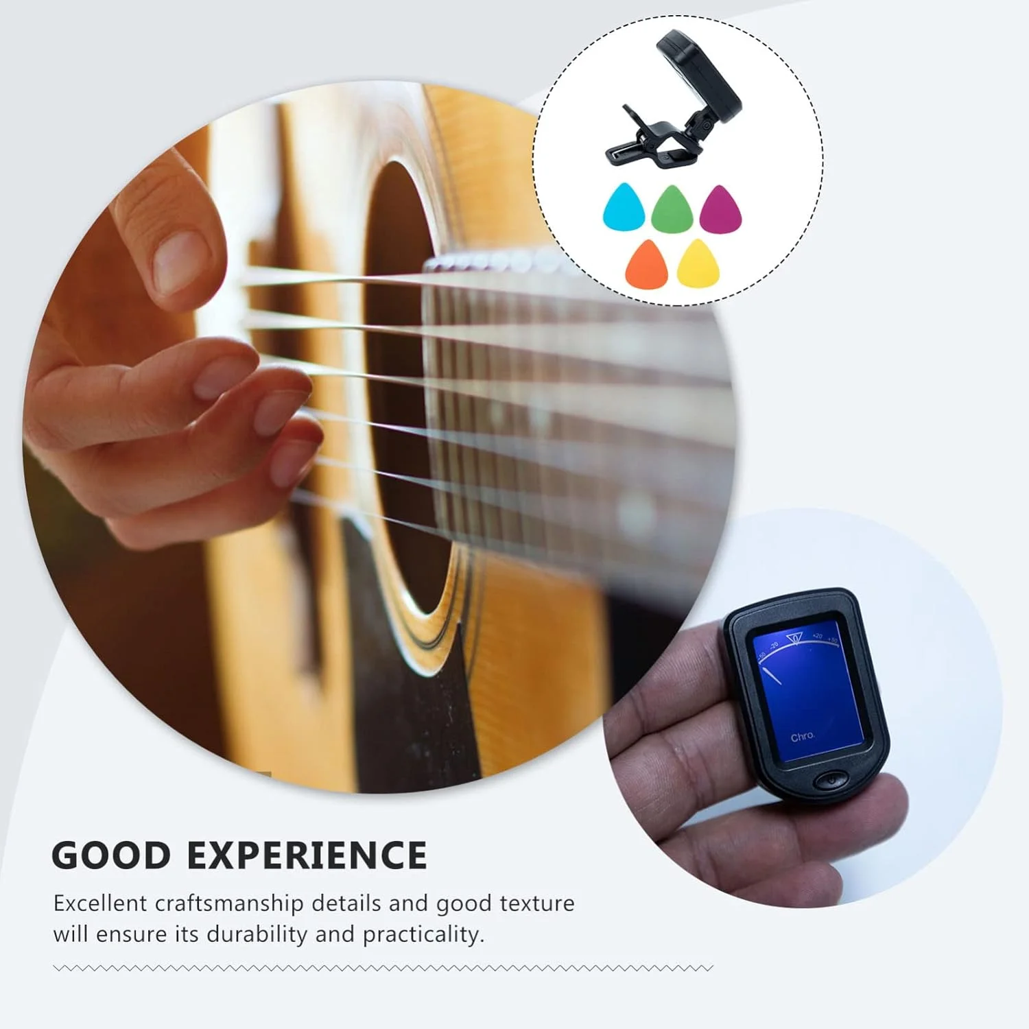 تیونر گیره ای به همراه پیک گیتار، نمایشگر LCD کارتونی مناسب گیتار، بیس و یوکللی آکوستیک
