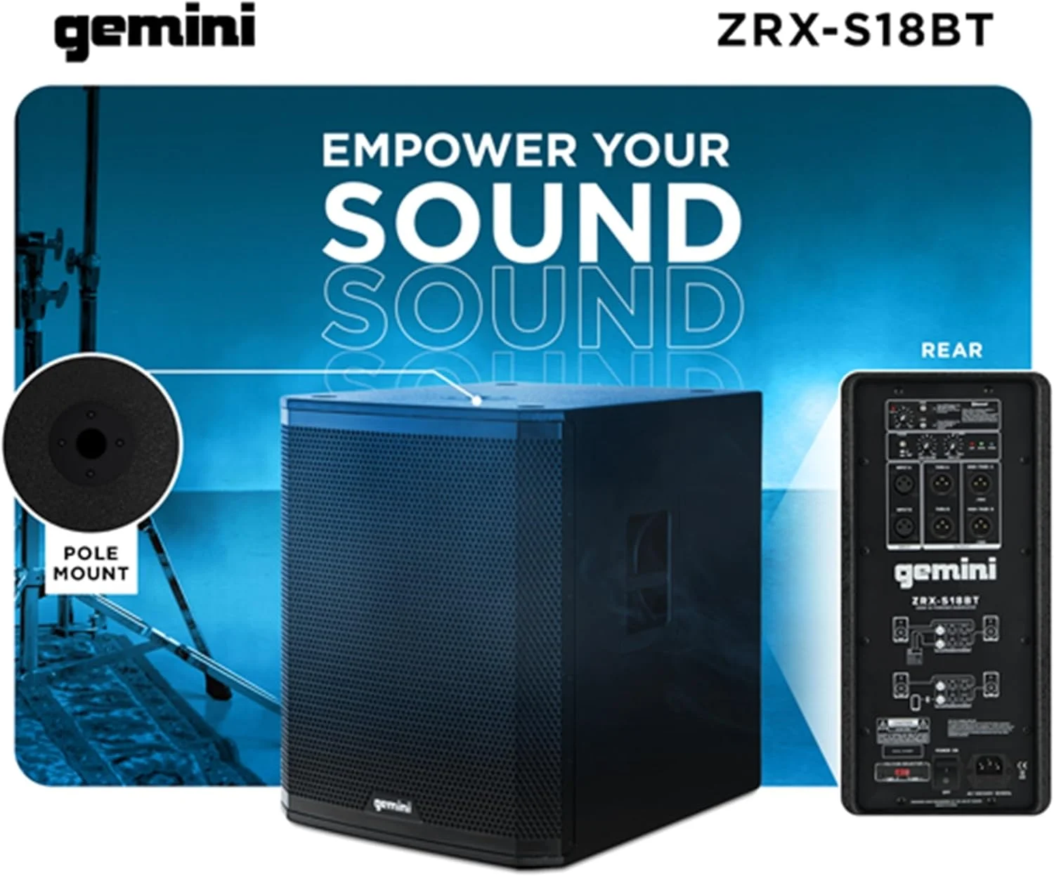 ساب ووفر اکتیو 18 اینچی Gemini Sound ZRX-S18BT با بلوتوث و TWS - بیس قدرتمند حرفه ای DJ - ورودی/خروجی متنوع برای اجراها و استودیوها