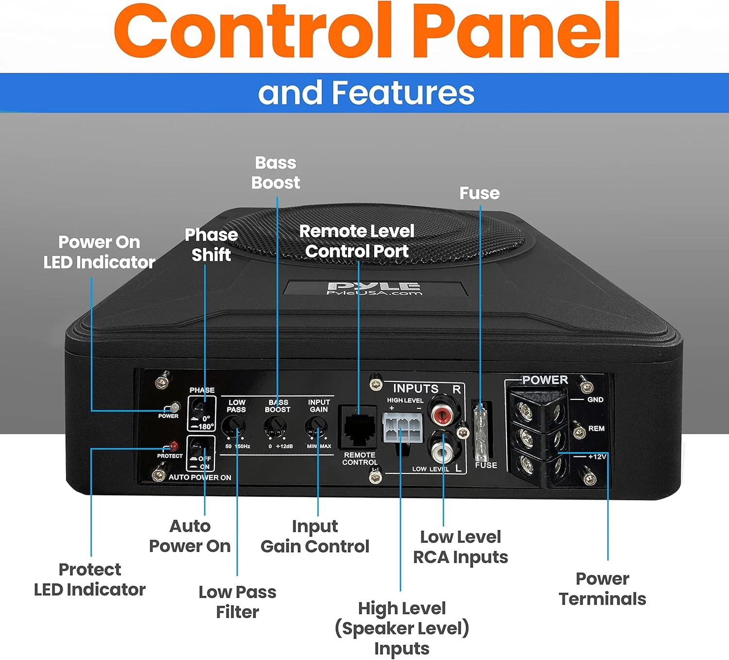 سیستم ساب ووفر تقویت شده 8 اینچی Pyle با مشخصات پایین 600 وات، ساب ووفر صوتی خودرو فعال و فشرده زیر صندلی با آمپلی فایر داخلی، ساب ووفر خودرو با ورودی های سطح پایین و بالا PLBX8A، مشکی، RCA
