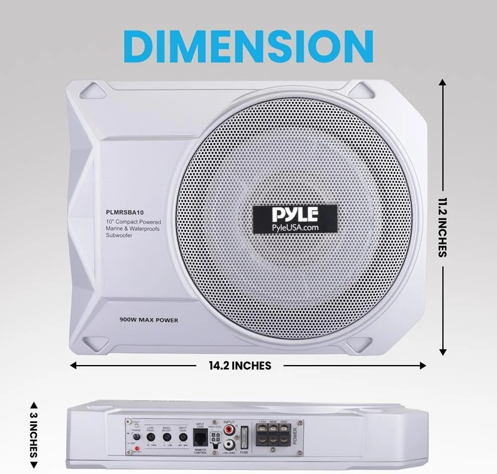 سیستم ساب ووفر تقویت شده باریک Pyle با اندازه 10 اینچ - ساب ووفر فعال دریایی جمع و جور 900 واتی با آمپلی فایر داخلی، ساب ووفر خودرو با ورودی های سطح بالا و پایین - PLMRSBA10