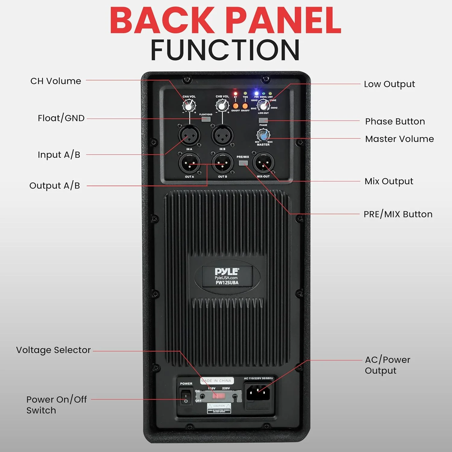 سیستم ساب ووفر جعبه ای 1600 واتی Pyle - ووفر 12 اینچی فعال برای سیستم PA، بیس قوی تر، با پردازنده سیگنال دیجیتال DSP، پایه نگهدارنده داخلی و دستگیره های حمل