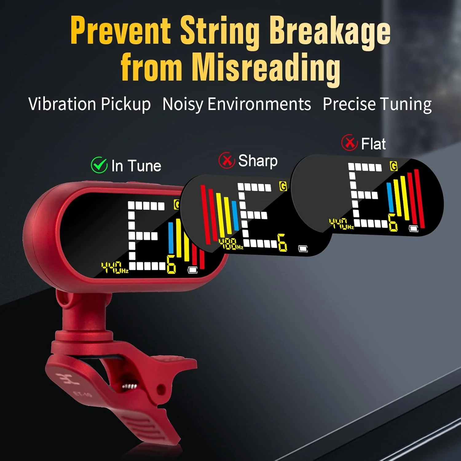 کوک کننده گیره ای کروماتیک شارژی حرفه ای EX - کوک کننده گیره ای سریع و فوق العاده دقیق با LCD رنگی برای گیتار آکوستیک، گیتار باس، یوکللی و ویولن، قرمز