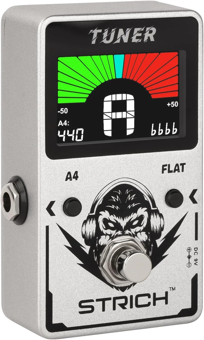 پدال تیونر گیتار STRICH با صفحه نمایش رنگی بزرگ، تیونینگ کروماتیک دقیق، A4 با فرکانس 430-450 هرتز، True Bypass برای گیتار الکتریک و بیس، نقره ای