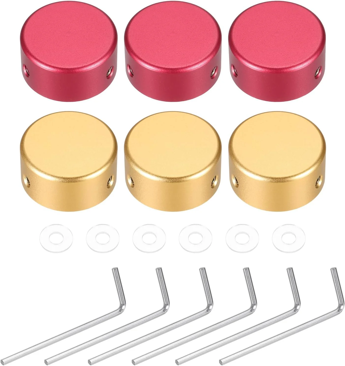 بسته 6 عددی روکش پدال زیر پا QUARKZMAN برای پدال های گیتار، روکش فلزی دکمه پدال زیر پا 3/8 اینچ برای دکمه های پدال افکت گیتار، طلایی، قرمز