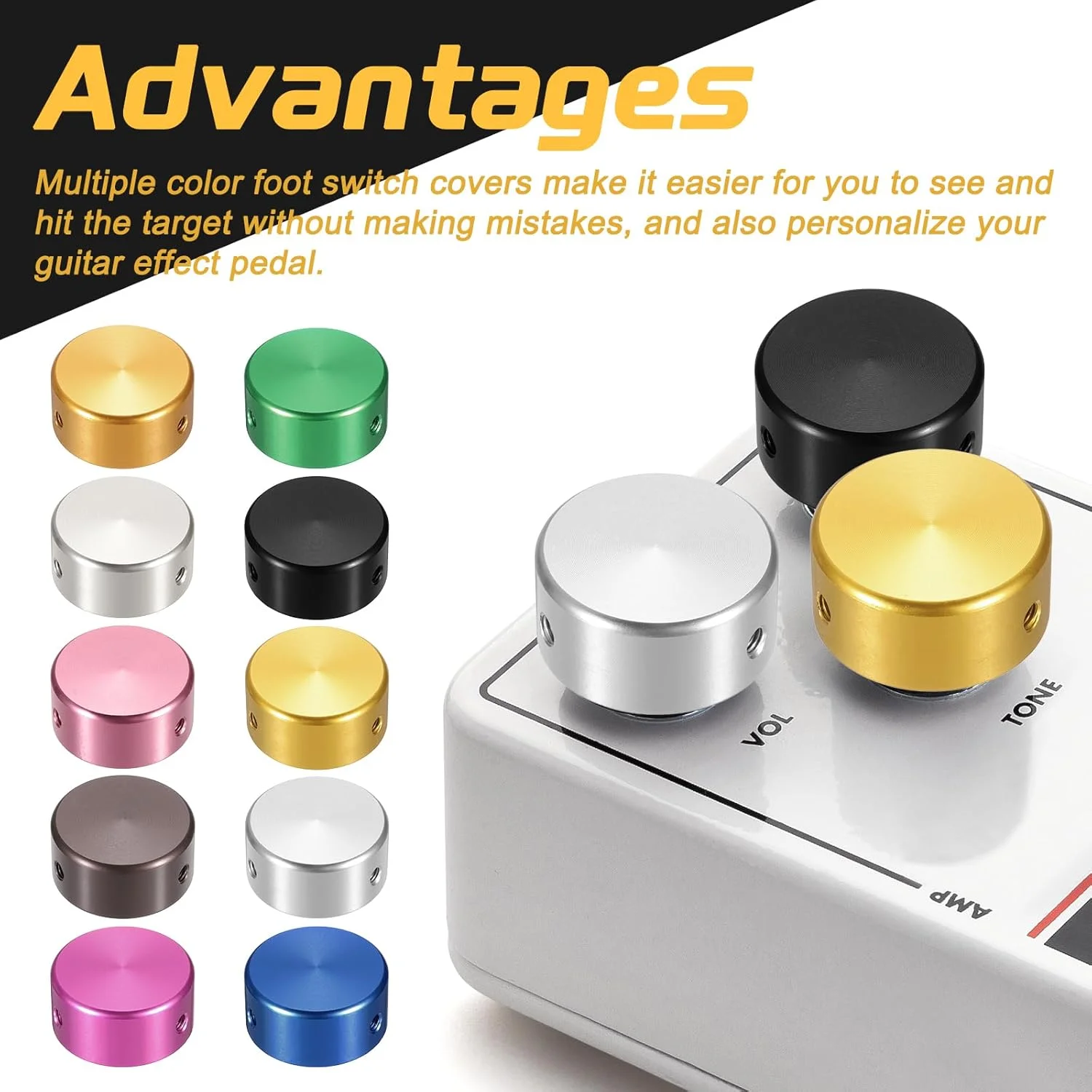 بسته ۱۲ عددی روکش پدال زیرپایی گیتار QUARKZMAN، روکش فلزی پدال زیرپایی ۳/۸ اینچی چند رنگ برای دکمه های پدال افکت گیتار، قرمز، مشکی، نقره ای