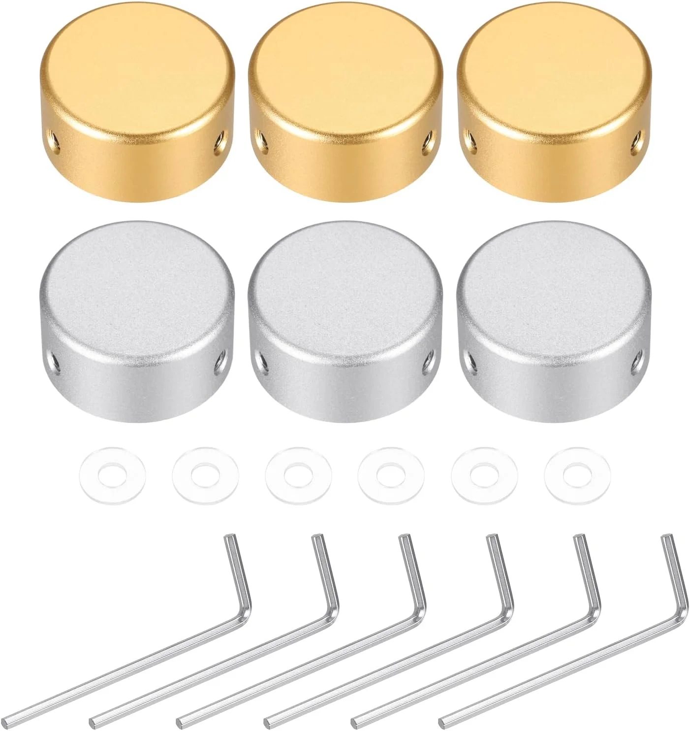 بسته 6 عددی روکش پدال زیر پا QUARKZMAN برای پدال های گیتار، روکش فلزی دکمه پدال زیر پا 3/8 اینچ برای دکمه های پدال افکت گیتار، نقره ای، طلایی