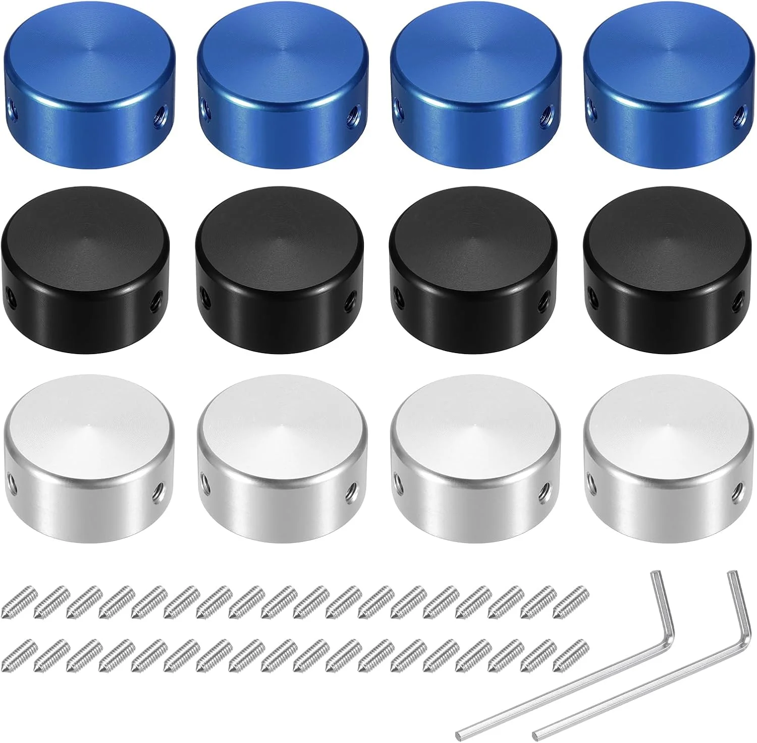بسته 12 عددی روکش پدال زیر پا QUARKZMAN برای پدال های گیتار، روکش فلزی پدال زیر پا 3/8 اینچ چند رنگ برای دکمه های پدال افکت گیتار، آبی، مشکی، نقره ای