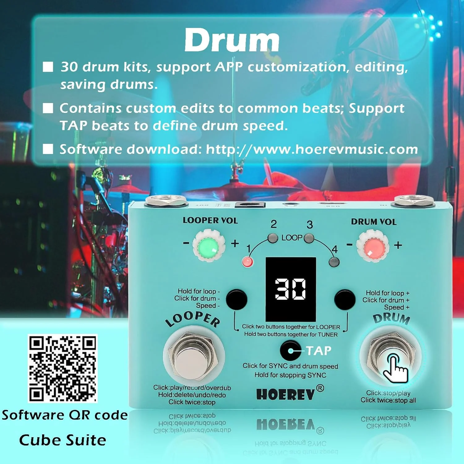 پدال لوپر تیونر ماشین درام گیتار HOEREV 3 در 1 برای پدال های گیتار الکتریک باس پورت منبع تغذیه نوع C پدال لوپر تیونر ماشین درام گیتار HOEREV 3 در 1 برای پدال های گیتار الکتریک باس پورت منبع تغذیه نوع C