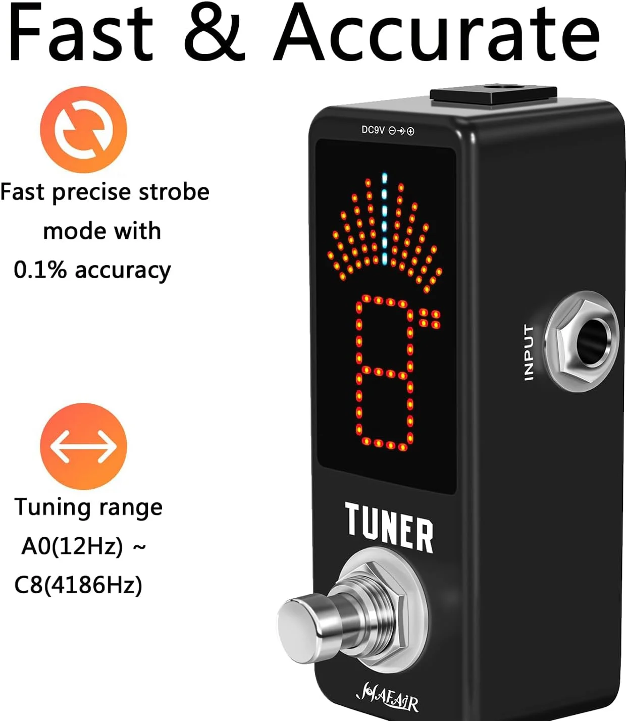 پدال تیونر کروماتیک لوکس، صفحه نمایش بزرگ با دقت بالای ±0.1٪، نمایش نتایج واضح تنظیم برای گیتار الکتریک و گیتار باس