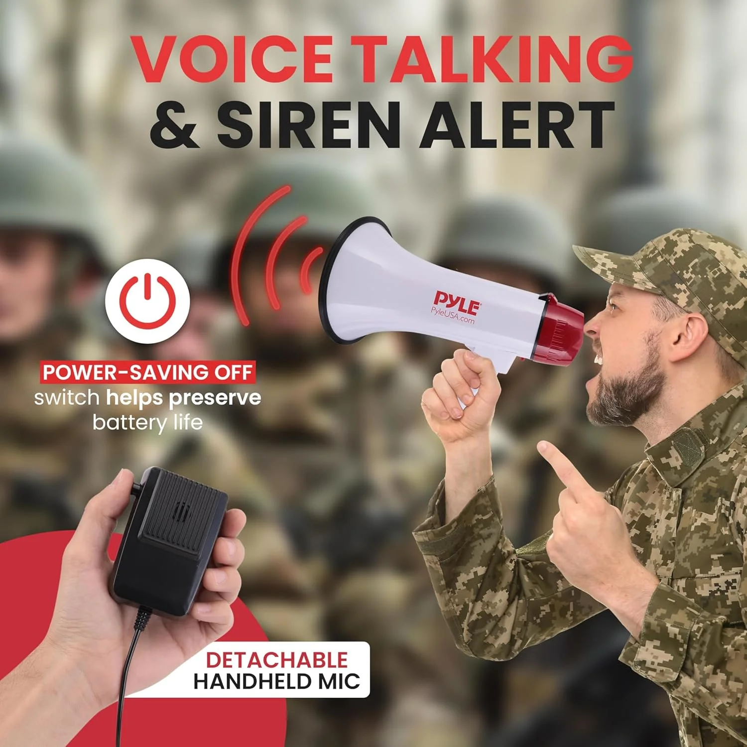 بلندگوی دستی حرفه ای 40 واتی Pyle با صدای واضح و دسته ارگونومیک - چند منظوره با قابلیت صحبت، آژیر، کنترل صدا - میکروفون دستی جداشدنی - مناسب برای ورزش های داخلی و خارجی، واکنش اضطراری
