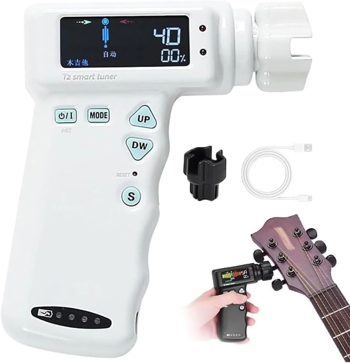 کوک کننده هوشمند گیتار با صفحه نمایش LCD رنگی، کوک کننده حرفه ای اتوماتیک گیتار الکتریک، دارای باتری لیتیومی 2600 میلی آمپر ساعتی، کوک کننده هوشمند چند منظوره گیتار برای گیتار و یوکللی (سفید)