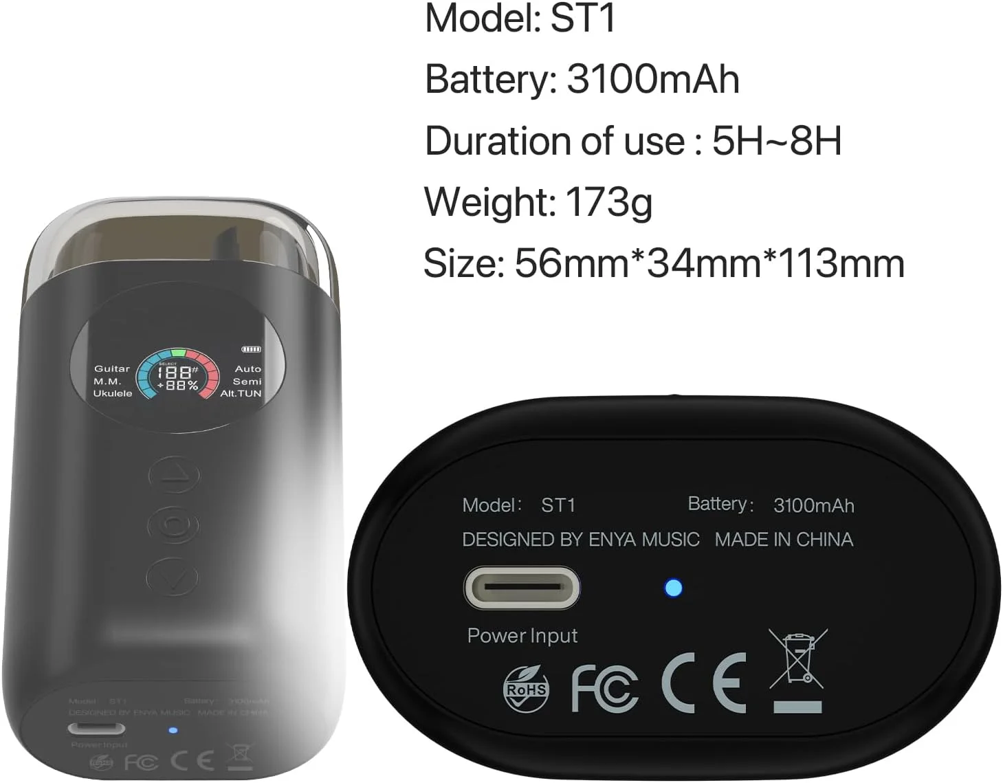 کوک کننده هوشمند خودکار گیتار Enya با صفحه نمایش LCD تمام رنگی - مترونوم و سیم پیچ - برای گیتارهای الکتریک، گیتارهای آکوستیک، یوکللی، مشکی