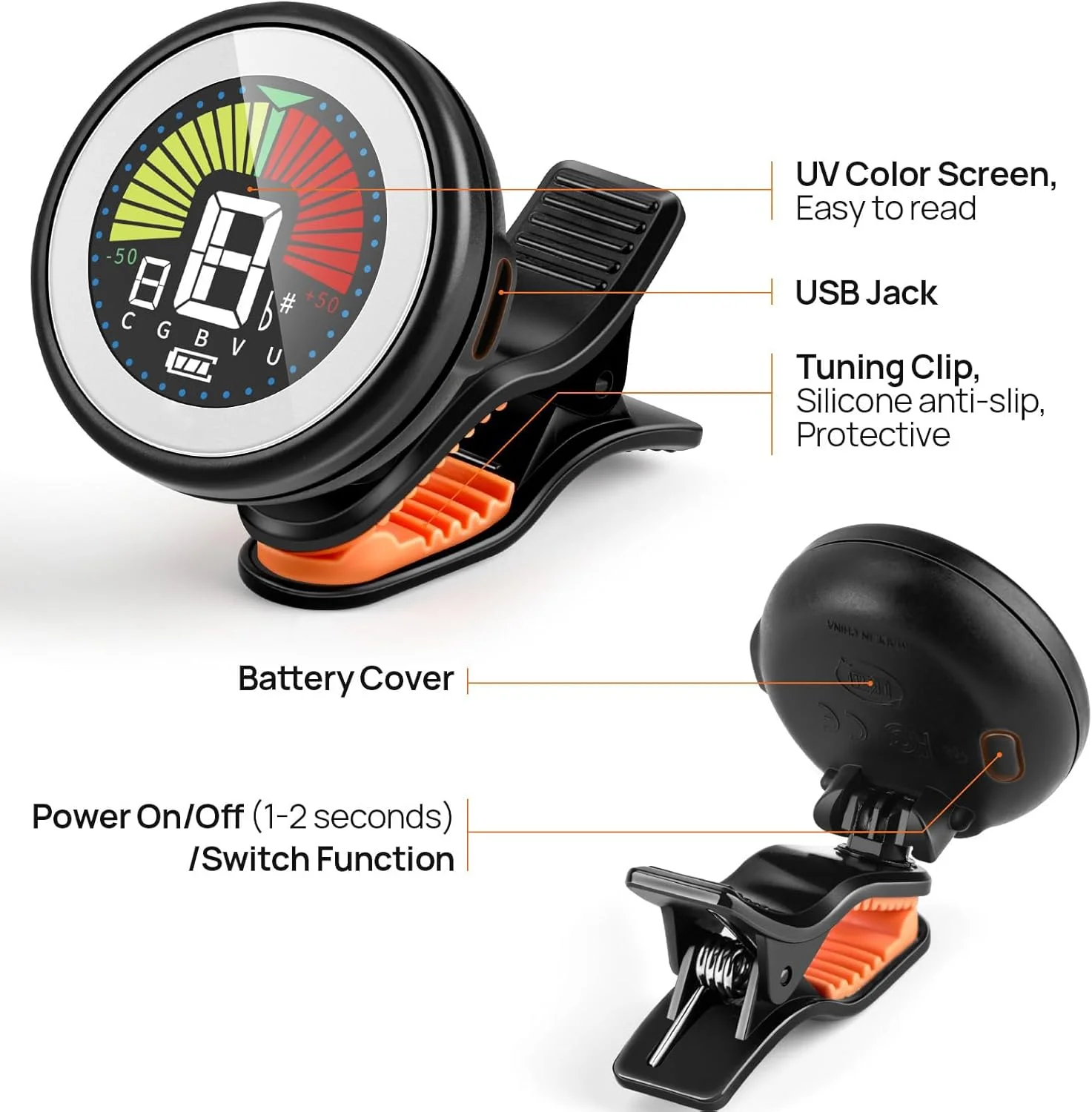 کوک کننده گیره ای گیتار، قابل شارژ، با صفحه نمایش فوق العاده روشن با قابلیت چرخش 360 درجه، دارای حالت های کوک گیتار، یوکللی، ویولن و کروماتیک برای نوازندگان مبتدی و حرفه ای
