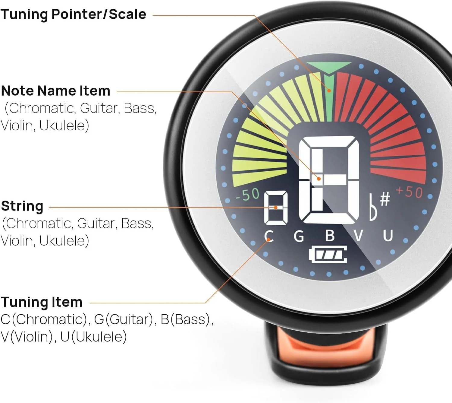 کوک کننده گیره ای گیتار، قابل شارژ، با صفحه نمایش فوق العاده روشن با قابلیت چرخش 360 درجه، دارای حالت های کوک گیتار، یوکللی، ویولن و کروماتیک برای نوازندگان مبتدی و حرفه ای