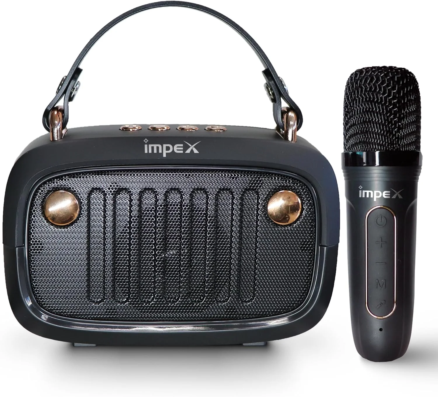 اسپیکر کارائوکه بلوتوث قابل حمل ایمپکس با میکروفون بی سیم و تغییر صدا، باتری قابل شارژ 1200 میلی آمپر ساعتی، خروجی 5 وات، ورودی های FM/USB/TF/بلوتوث، شارژ Type-C (KM 1301)